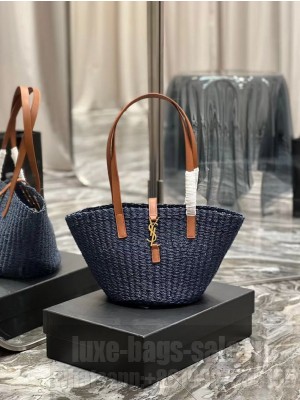 SAINT LAUREN PANIER SMALL BAG IN CROCHET RAFFIA AND SMOOTH LEATHER 685618 dark blue