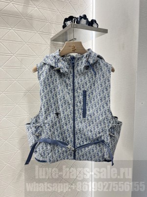 Christian Dior Dioriviera Hooded Vest Blue and White Dior Oblique Jacquard Technical Taffeta