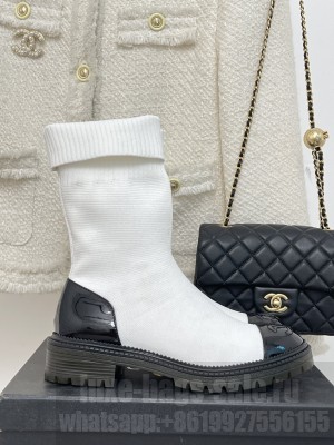 Chanel Women's CC Ankle Boots White Black Knit
