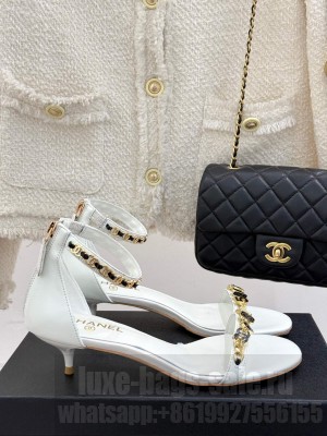 Chanel Calfskin Heel Sandals 3.5cm with Logo Charm White 2025