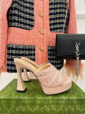 Gucci Leather Platform Slide Sandal 11cm with GG and Studs 2023 Pink