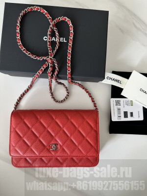 Chanel Caviar Leather & Silver-Tone Metal Wallet On Chain WOC Bag A33814 Red