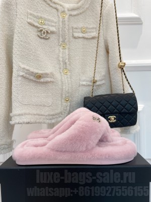 Chanel Shearling Flat Thong Sandals Pink