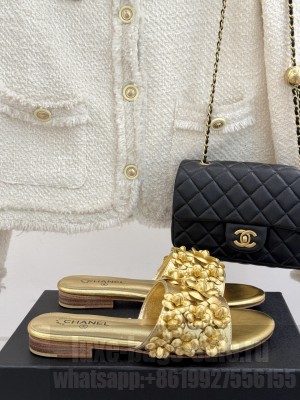 Chanel Lambskin Flat Slides Sandal with Camellia Bloom gold 2025