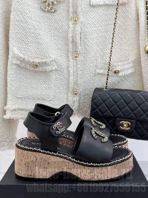 Chanel platform double C with chain sandals Black leather 2025
