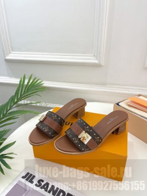 Louis Vuitton Lock It Heel Slide Sandals 4.5cm in Monogram Canvas Brown 2023 09
