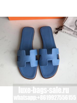 Hermes Oran Flat slippers in epsom leather Blue Izmir with brown piping