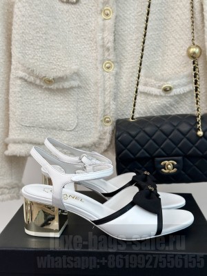 Chanel 5cm Lambskin & Grosgrain Bow Sandals G45690 White