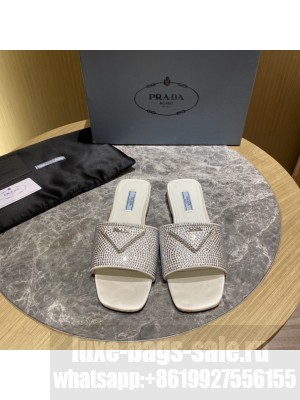 Prada Satin Flat slides sandals With Cryscals 2022 Collection，White