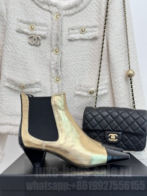 Chanel Calfskin & Patent Leather Pointed Ankle Boots 4cm Gold 2023