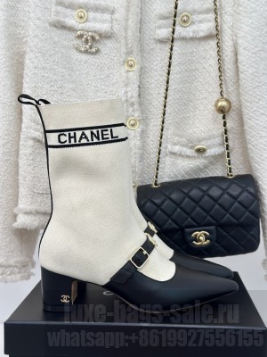 Chanel Knit Ankle Boots With Charm Buckle Strap White