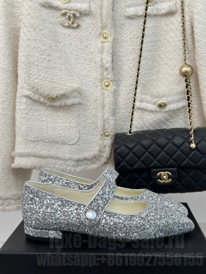 Chanel Glitter Mary Janes Ballet Flat with Pointed Toe Silver 2024 