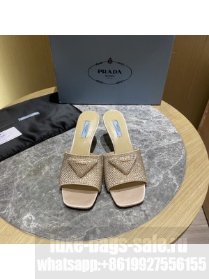 Prada 6cm Satin slides sandals With Cryscals Mule 2022 Collection,Beige