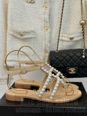 Chanel Lambskin With Pearl Flat Sandals Beige