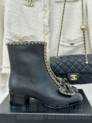 Chanel Women's Chain Around With Bow Leather/Patent Ankle Boots Black