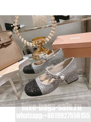 Miu Miu Glitter 4.5cm Pumps with metal chain and artificial pearl embellishment Black/Silver
