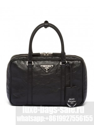 Prada Medium Antique Nappa Leather Top Handle Bag 1BB092 Black
