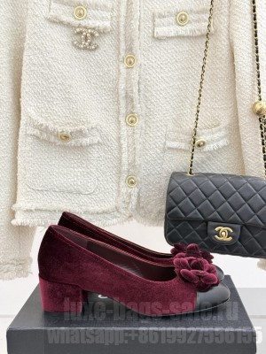 Chanel Velvet Pumps with Camellia Bloom Charm Burgundy 2025