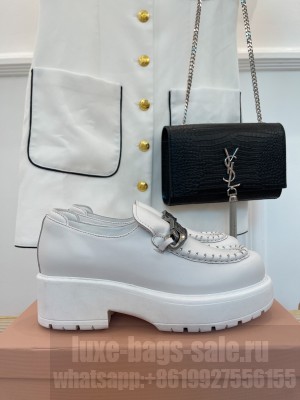 Miu Miu 55mm heel Apron with logo-engraved metal bit Calfskin loafers white
