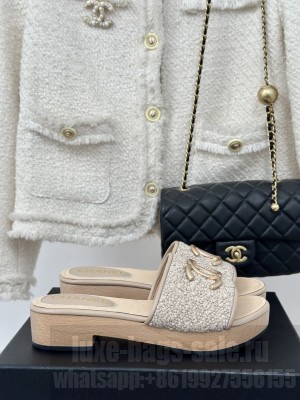 Chanel Calfskin Heel Slides Sandal 4cm with Camellia Bloom 013
