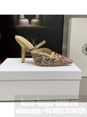 Dior Muleat Heel Mules in Beige Cotton Embroidered with Square Strass 9.5cm 2022 Collection