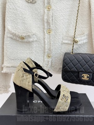 Chanel Velvet & metal Chain CC Logo 9cm Sandals Black 