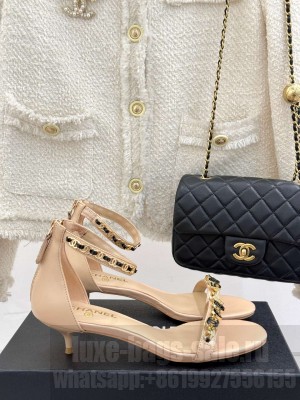 Chanel Calfskin Heel Sandals 3.5cm with Logo Charm Beige 2025