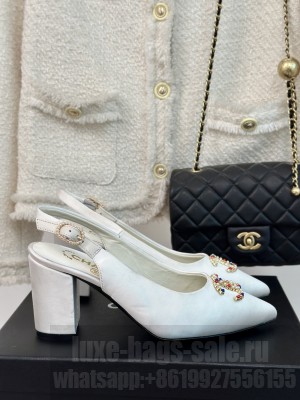 Chanel Satin Slingback Chunky Heel 7cm Pumps White