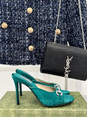 GUCCI Horsebit With Crystals Slide Sandals 9.5cm In Green