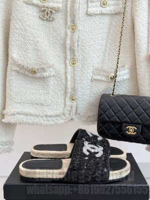 Chanel Tweed Espadrilles Crystal CC Logo Slide Mules Black