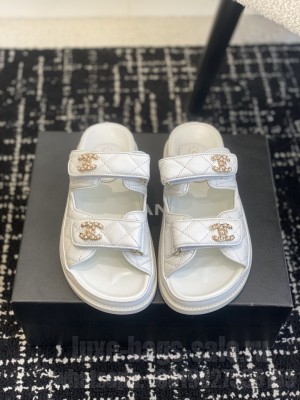 Chanel Grained Calfskin Velcro Dad Slide Sandals White 2025