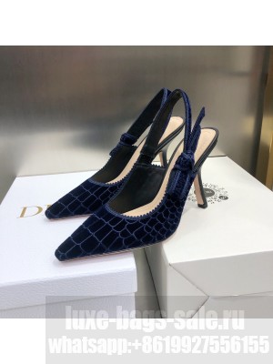 Dior J'Adior Slingback Pumps 6.5cm in Navy Blue Crocodile-Effect Embroidered Velvet 2021 Collection