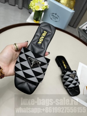 Prada Symbole Jacquard Fabric Flat Slide Sandals Black 2022 Collection