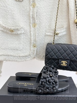 Chanel Lambskin Flat Slides Sandal with Camellia Bloom black 2025