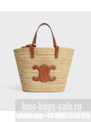 CELINE TEEN SUPPLE CELINE CLASSIC PANIER IN RAFFIA AND CALFSKIN 115802 TAN