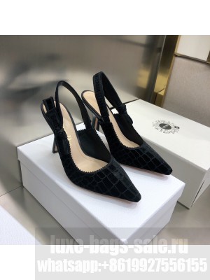 Dior J'Adior Slingback Pumps 9.5cm in Black Crocodile-Effect Embroidered Velvet 2021 Collection