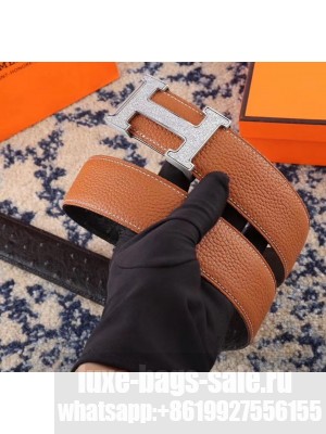 Hermes Width 3.8cm Ostrich Pattern Calfskin Reversible Belt Brown/Black(Silver) 2020 Collection