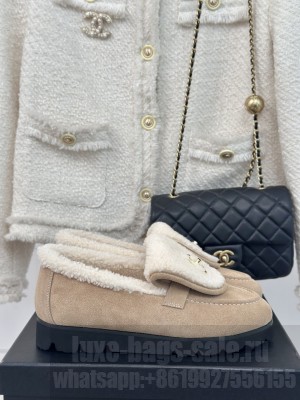 Chanel Suede & Shearling Wool Loafer Beige