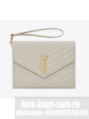 Yves Saint Laurent MONOGRAM CLUTCH IN QUILTED GRAIN DE POUDRE EMBOSSED LEATHER 617662 white