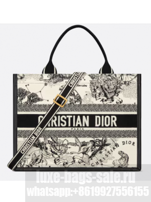 Medium Dior Book Tote Latte Multicolor Dior Zodiac Embroidery and Black Calfskin M1324CET