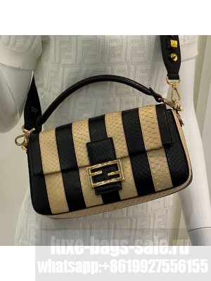 Fendi Baguette Striped Snakeskin Medium Bag Beige/Black  2021 Collection