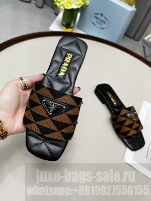 Prada Symbole Jacquard Fabric Flat Slide Sandals Brown 2022 Collection