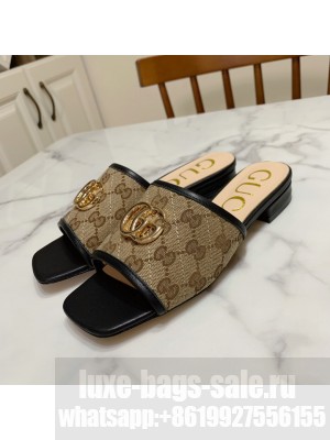Gucci GG Marmont Canvas‎ Slide Sandals 619893 Beige/Black 2021 Collection