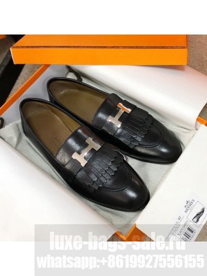 Hermes Royal Fringe Lambskin Flat Loafers Black 2020 Collection