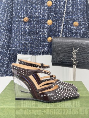Gucci Women's 10cm Burgundy Shiny Leather With Allover studs 827856 Wedge Mule 2025