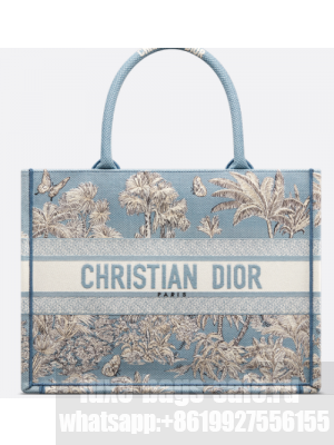 Dioriviera Medium Dior Book Tote Celestial Blue and White Toile de Jouy Palms Embroidery M1296ZEZG