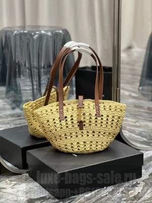 SAINT LAUREN PANIER SMALL BAG IN CROCHET RAFFIA AND SMOOTH LEATHER 685618 NATUREL