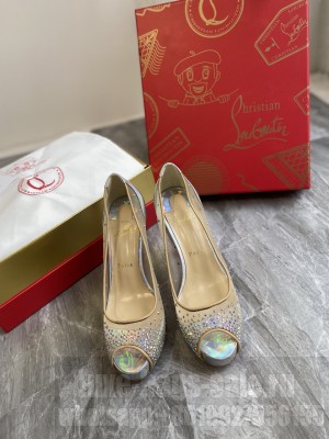 Christian Louboutin Grained Leather Crystal Mesh 10cm Peep-toe Platform 2021 Collection