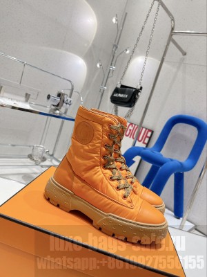 HERMES FRESH ANKLE BOOTS IN CALFSKIN AND LIGHT PARACHUTE FABRIC ORANGE