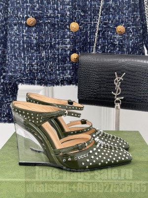 Gucci Women's 10cm Green Shiny Leather With Allover studs 827856 Wedge Mule 2025